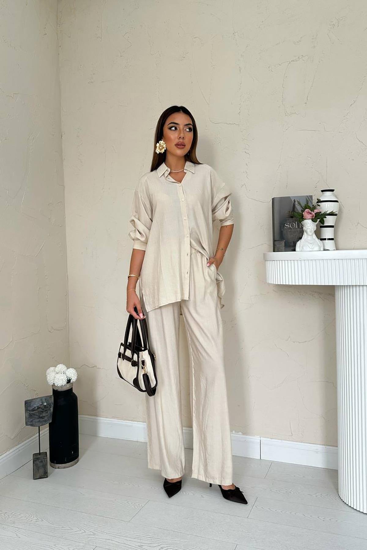 Wholesale Beige Alice Shirt and Loose Cut Trouser Set