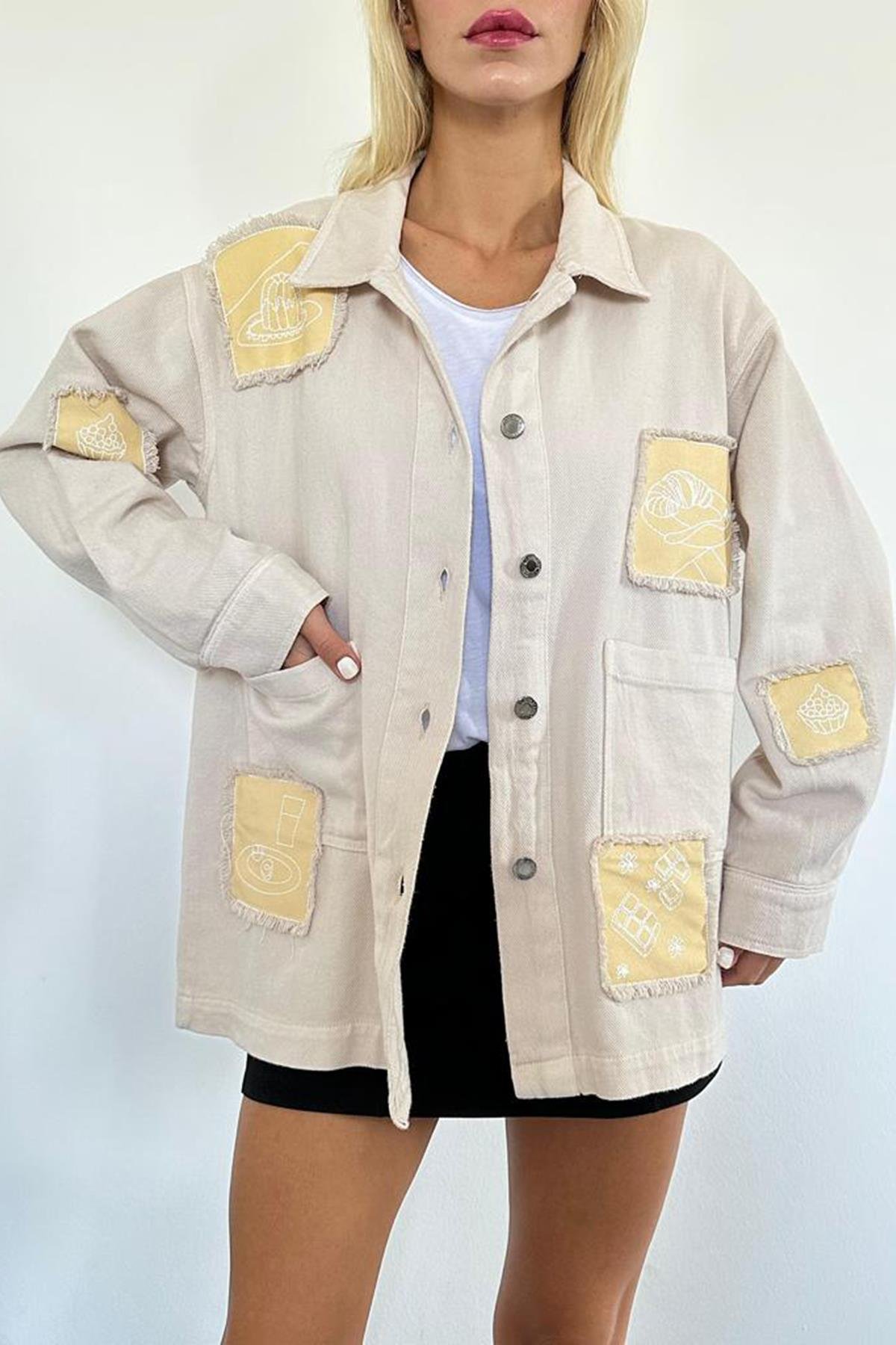Beige Gabardine Emblem Detailed Shirt Jacket
