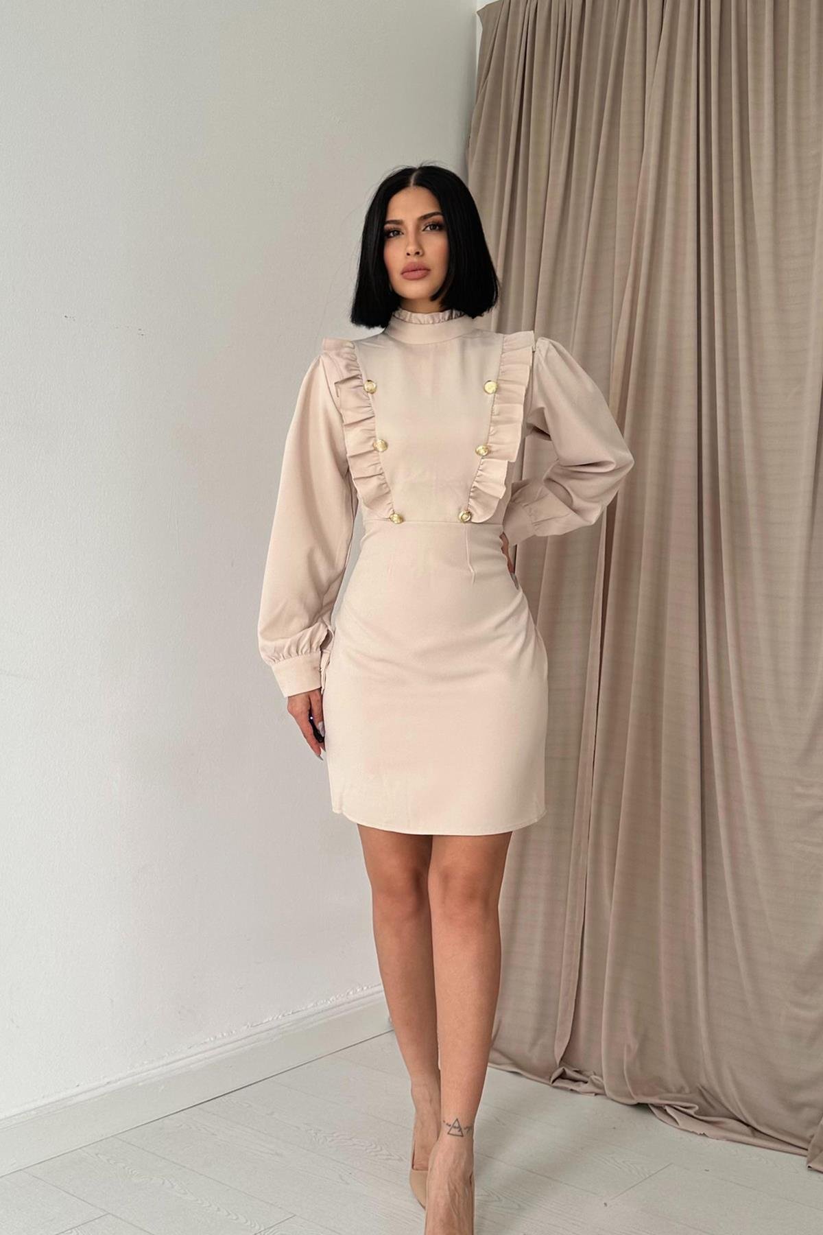 Beige Gold Buttoned Dress