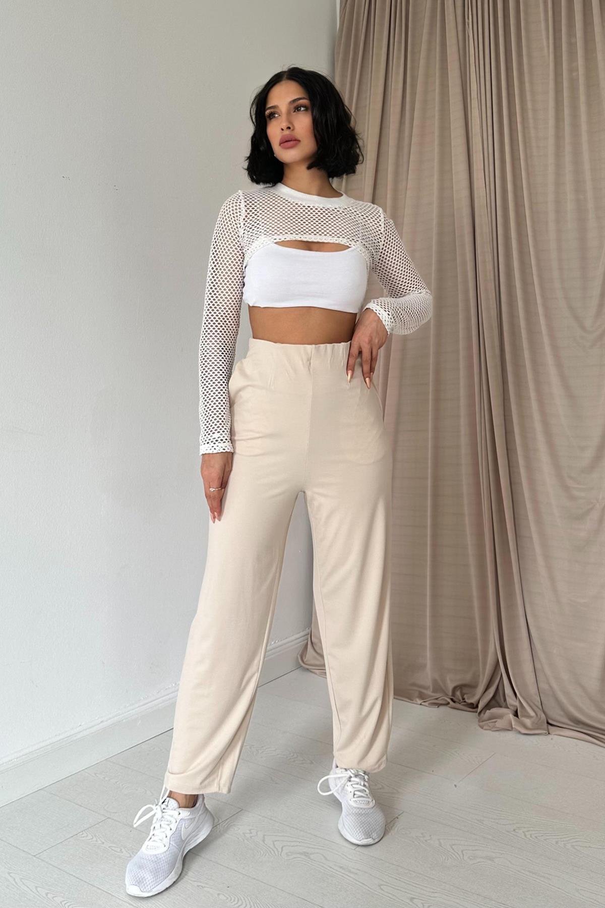 Wholesale Beige Pleated Elastic Detailed Trousers