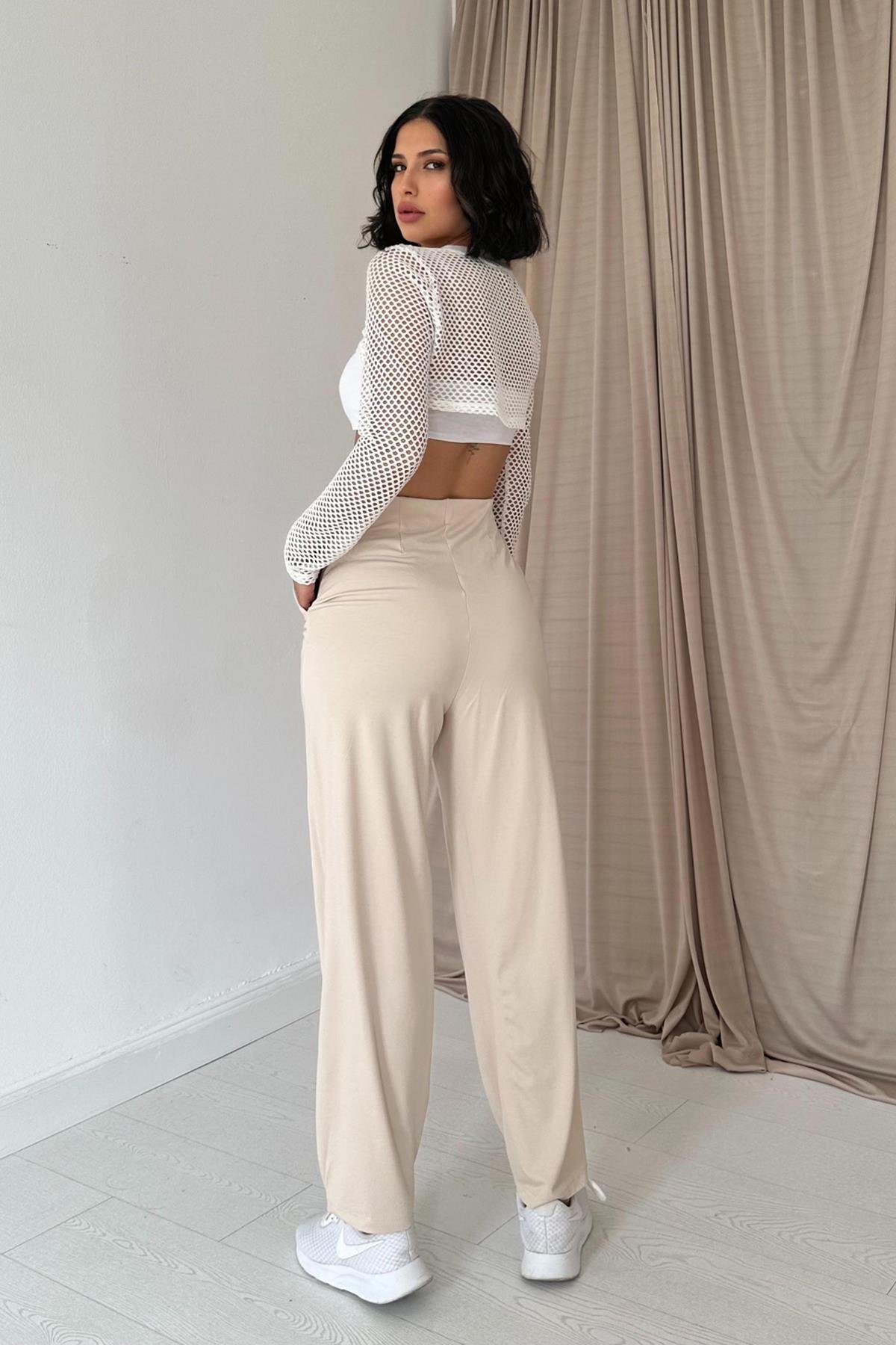 Wholesale Beige Pleated Elastic Detailed Trousers