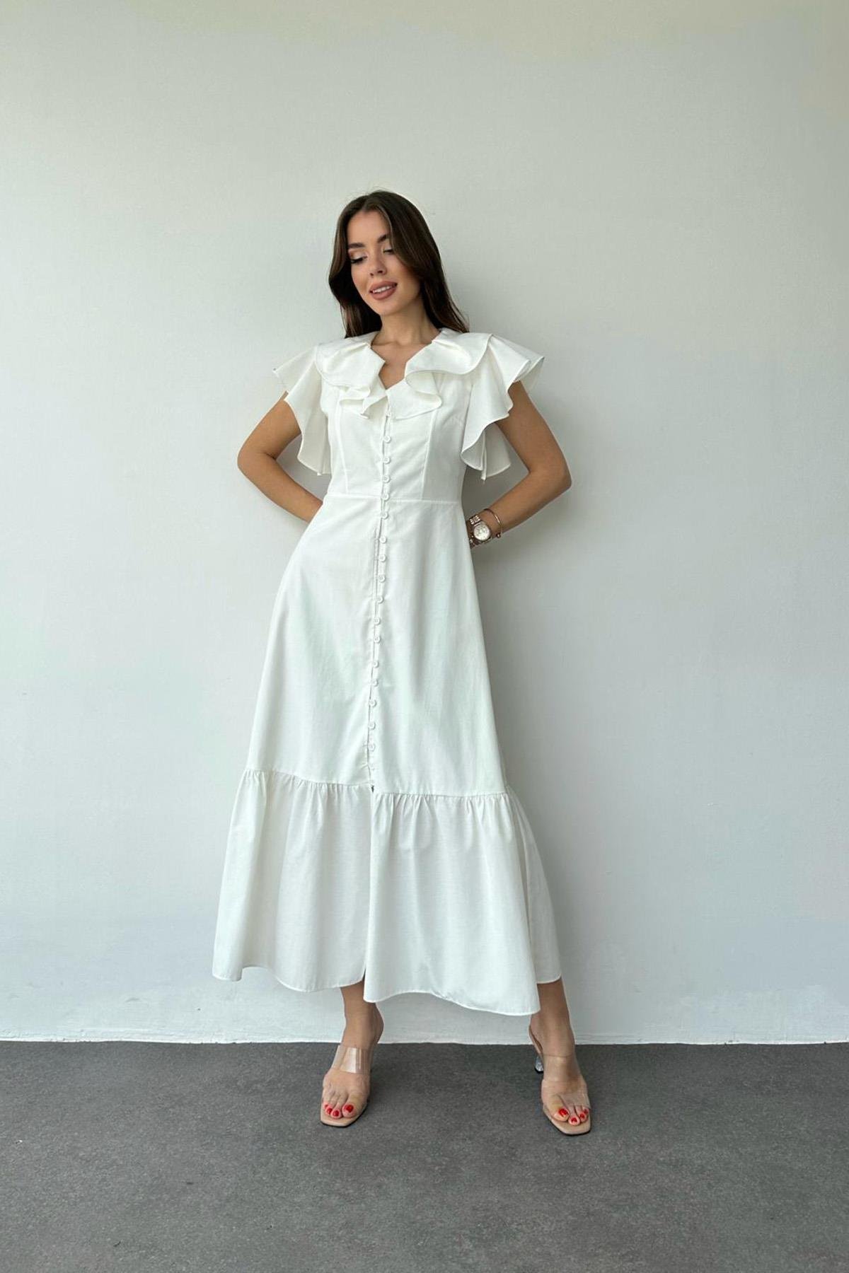 Wholesale White Collar and Shoulder Flounce Dress