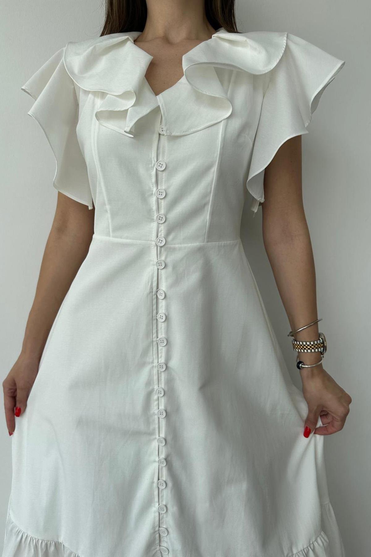 Wholesale White Collar and Shoulder Flounce Dress