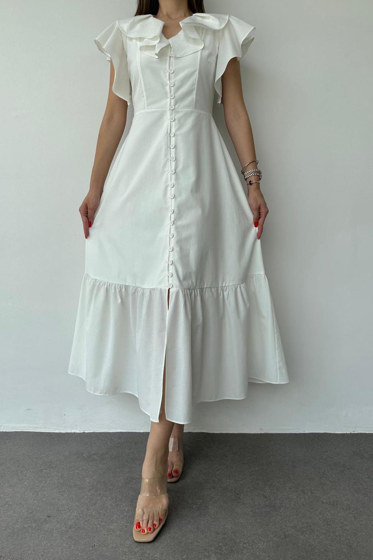 Wholesale White Collar and Shoulder Flounce Dress