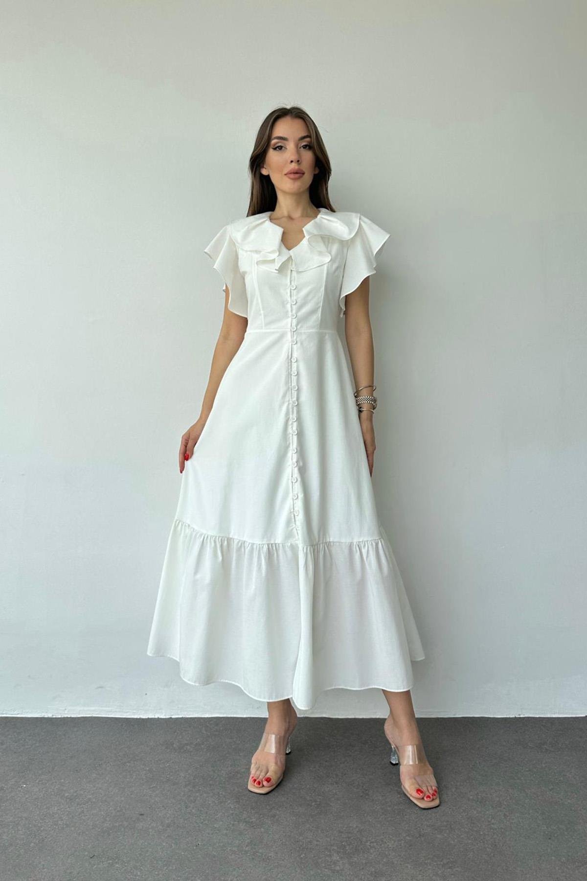 Wholesale White Collar and Shoulder Flounce Dress
