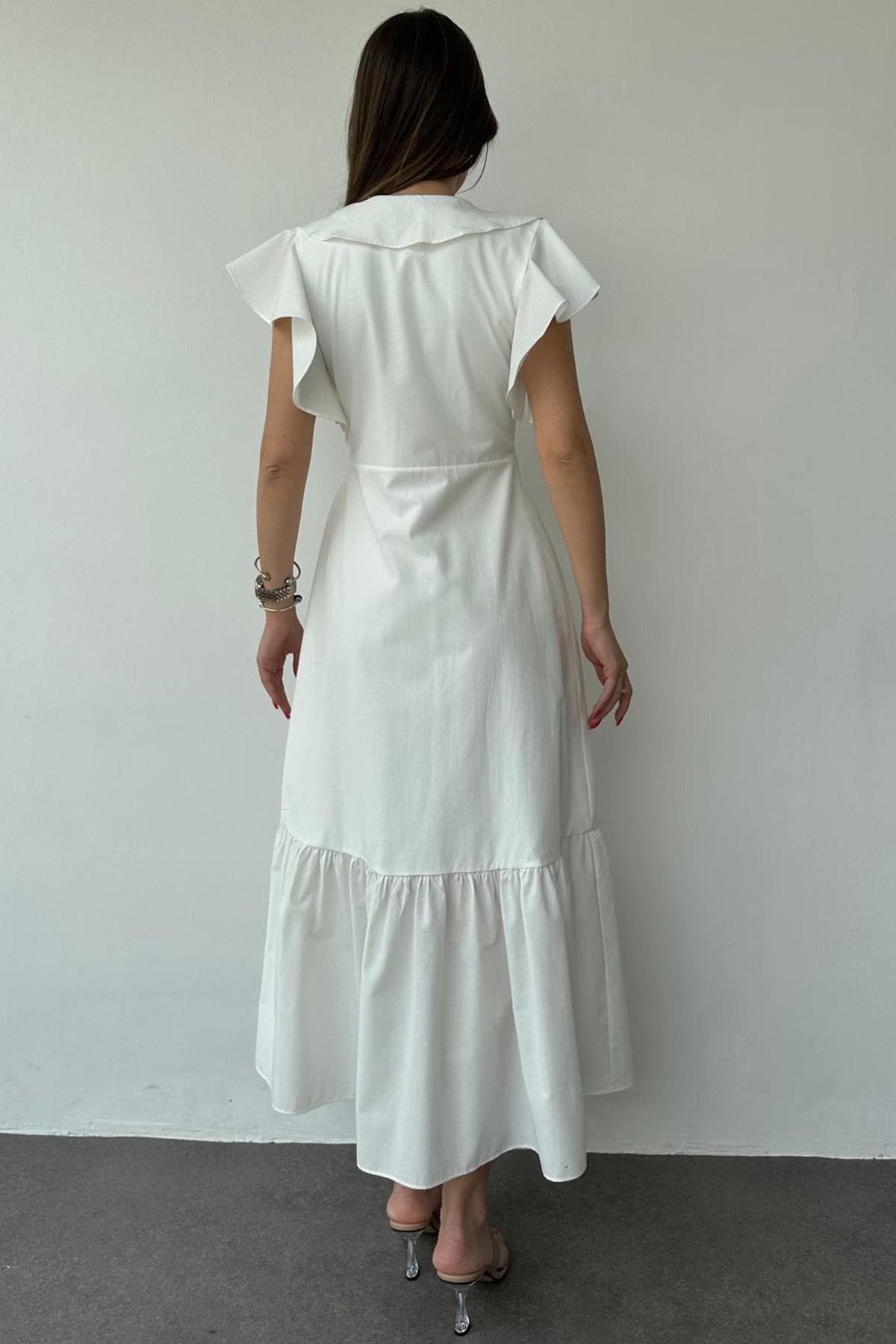 Wholesale White Collar and Shoulder Flounce Dress