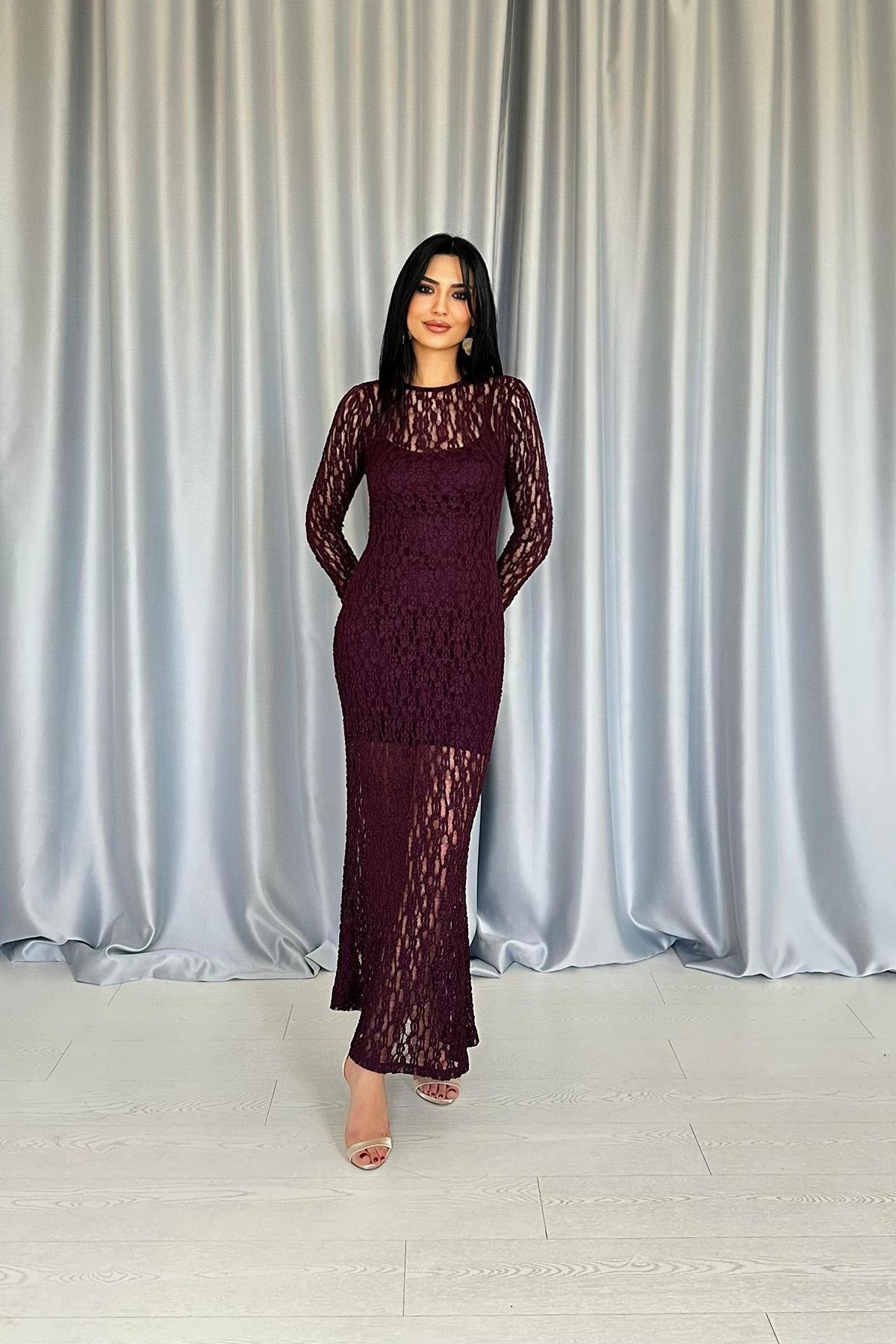 Wholesale Burgundy Lace Long Sleeve Dress