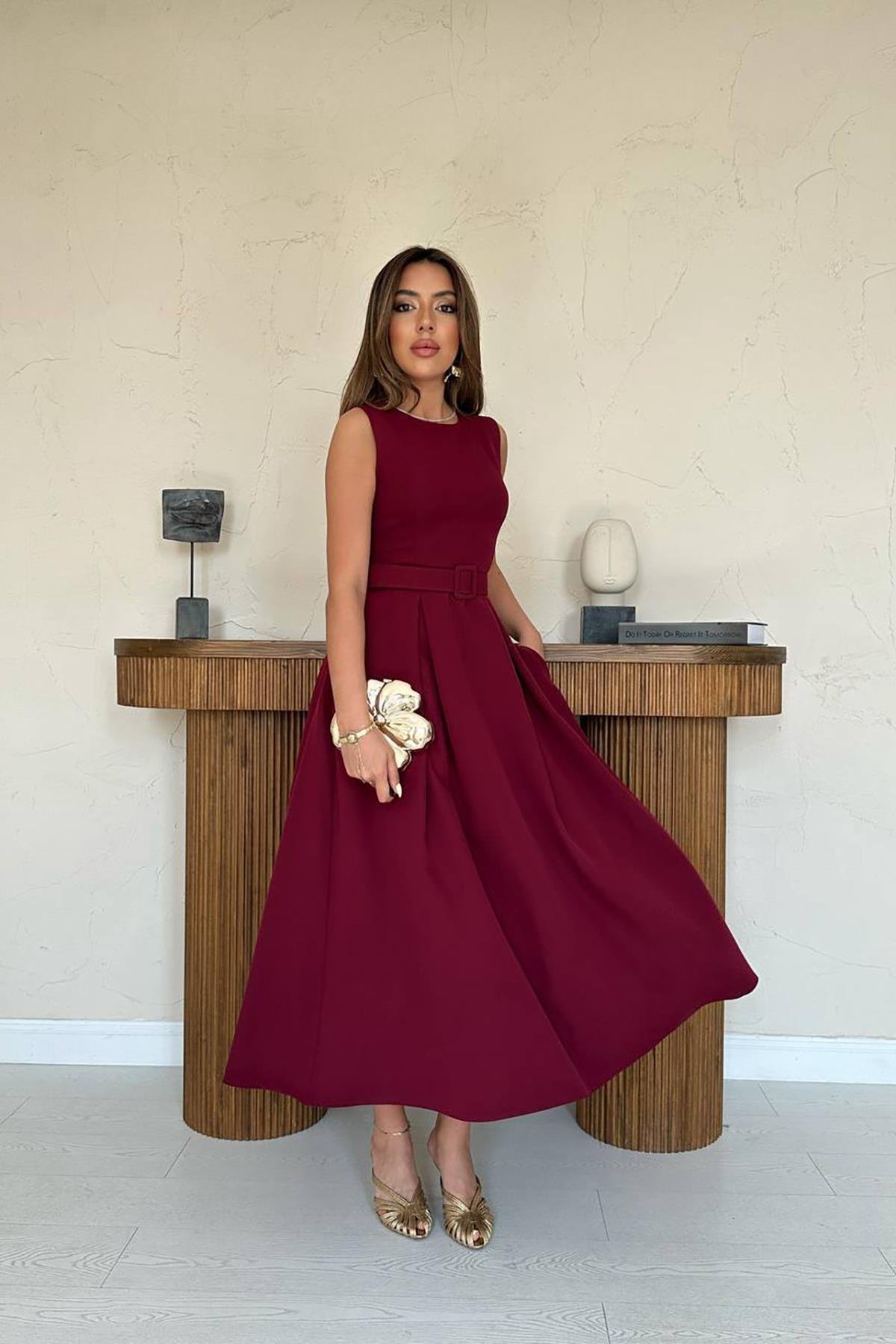 Wholesale Burgundy Halter Neck Flared Dress