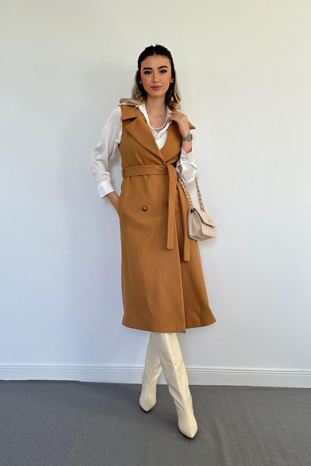 Wholesale Camel Sleeveless Cashmere Womens Coat