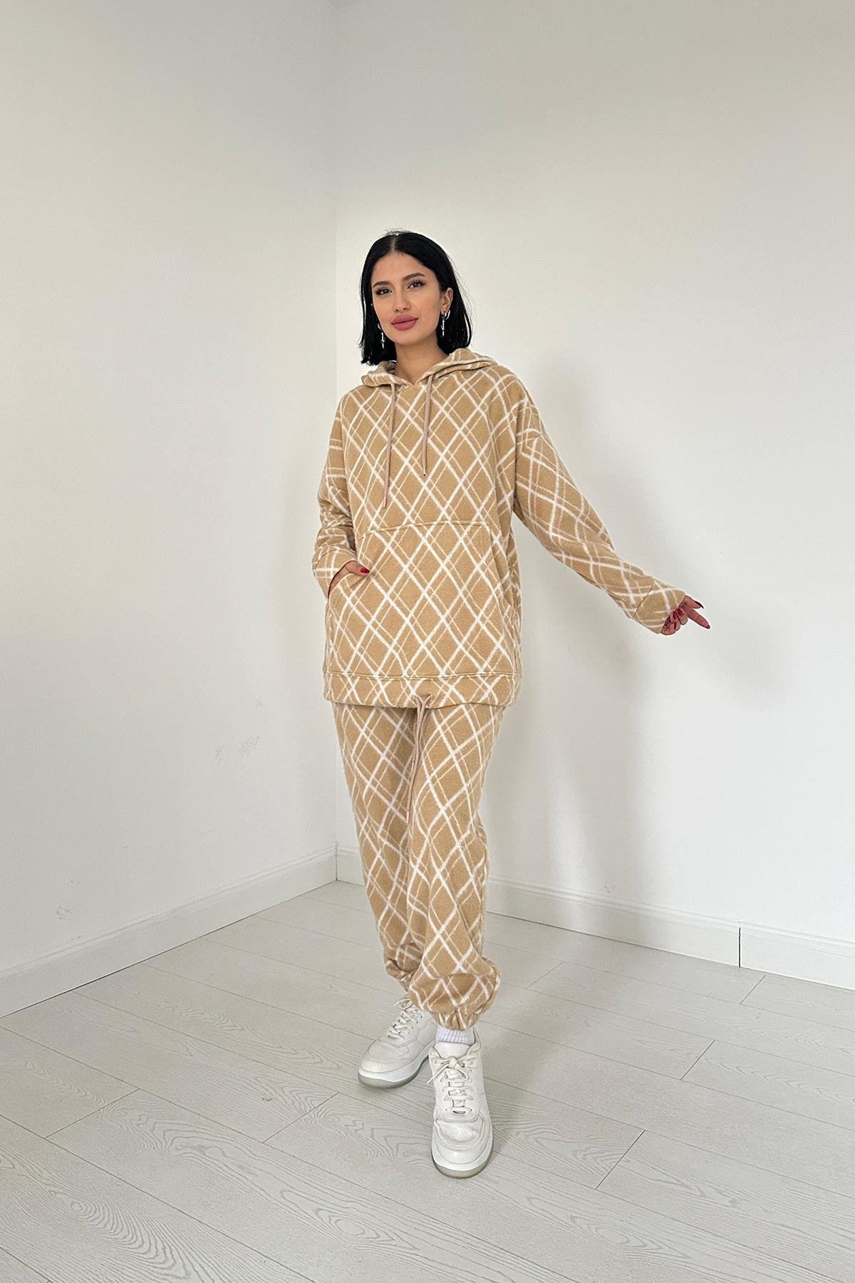 Toptan Camel Polar Kapüşonlu Sweatshirt ve Pantolon Takım