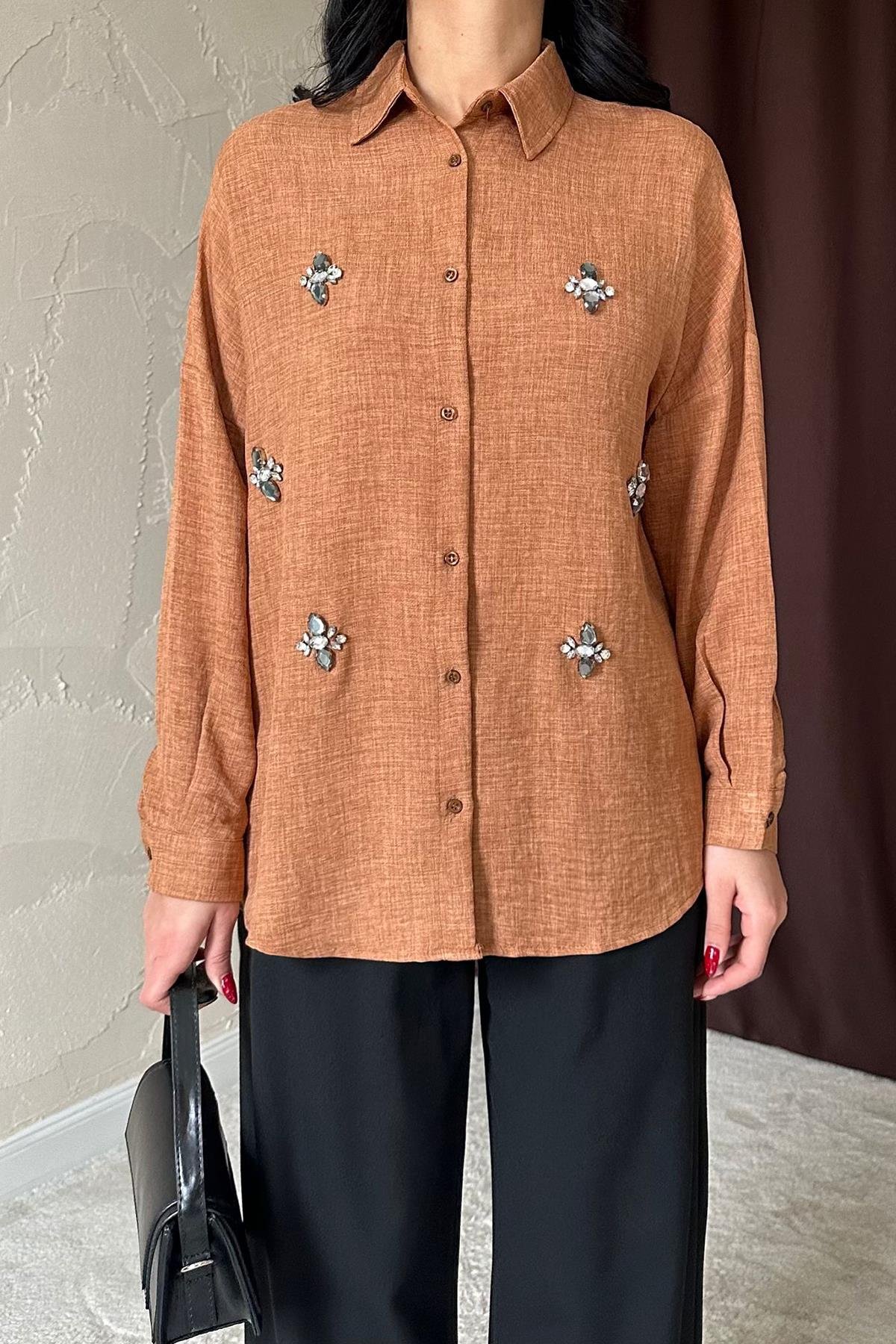 Camel Stone Embroidered Shirt