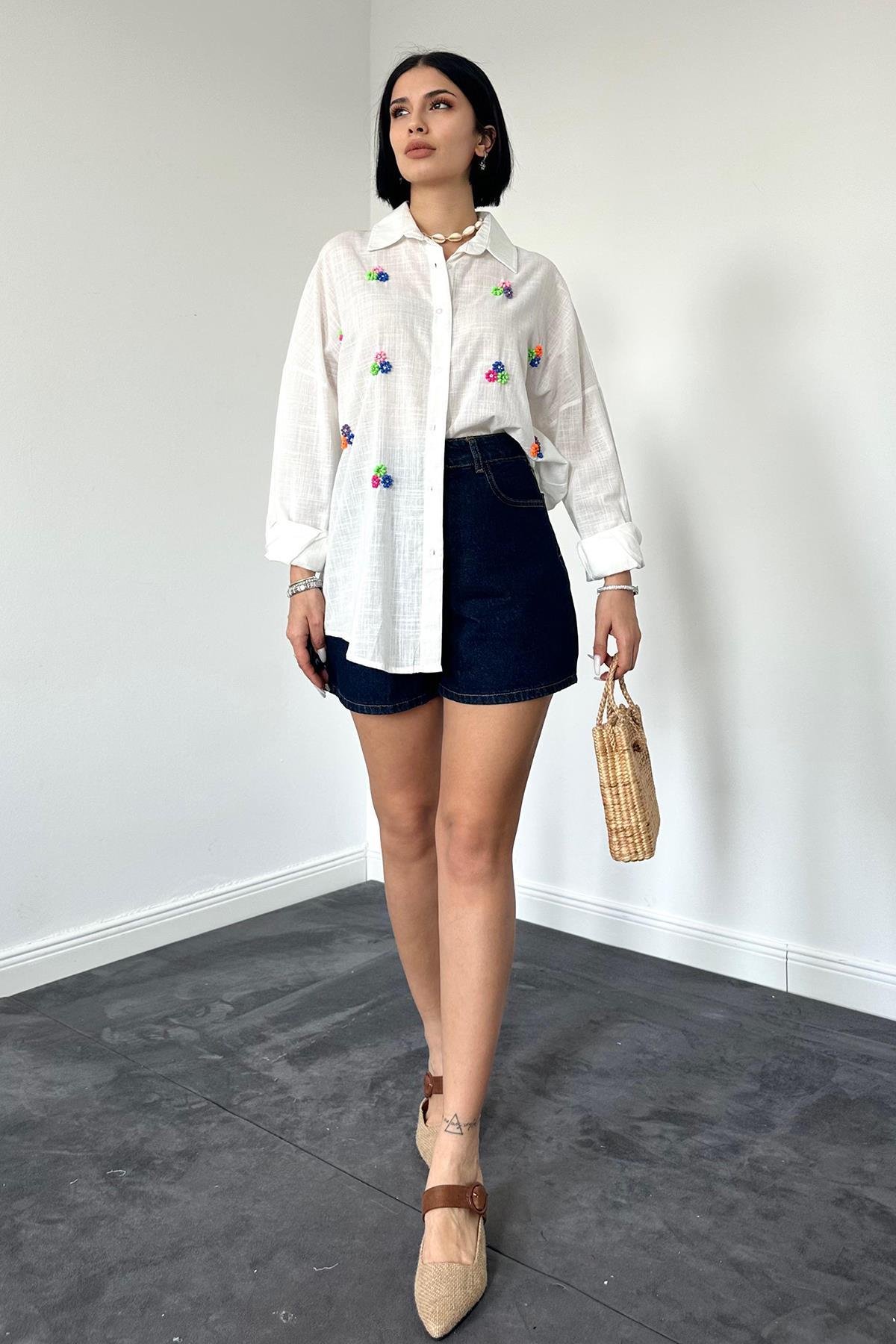 Ecru Linen Classic Pattern Beaded Embroidered Shirt