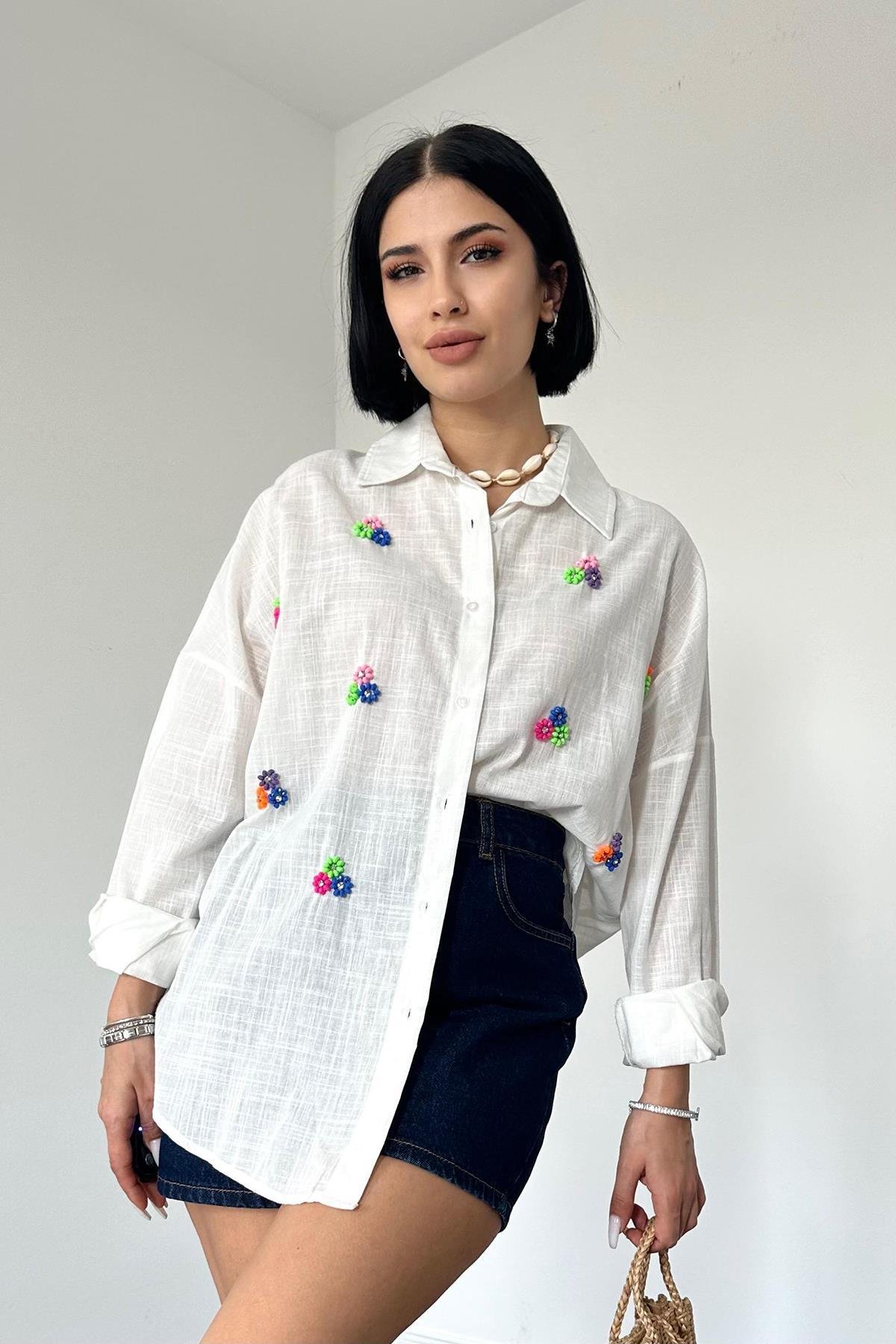 Ecru Linen Classic Pattern Beaded Embroidered Shirt