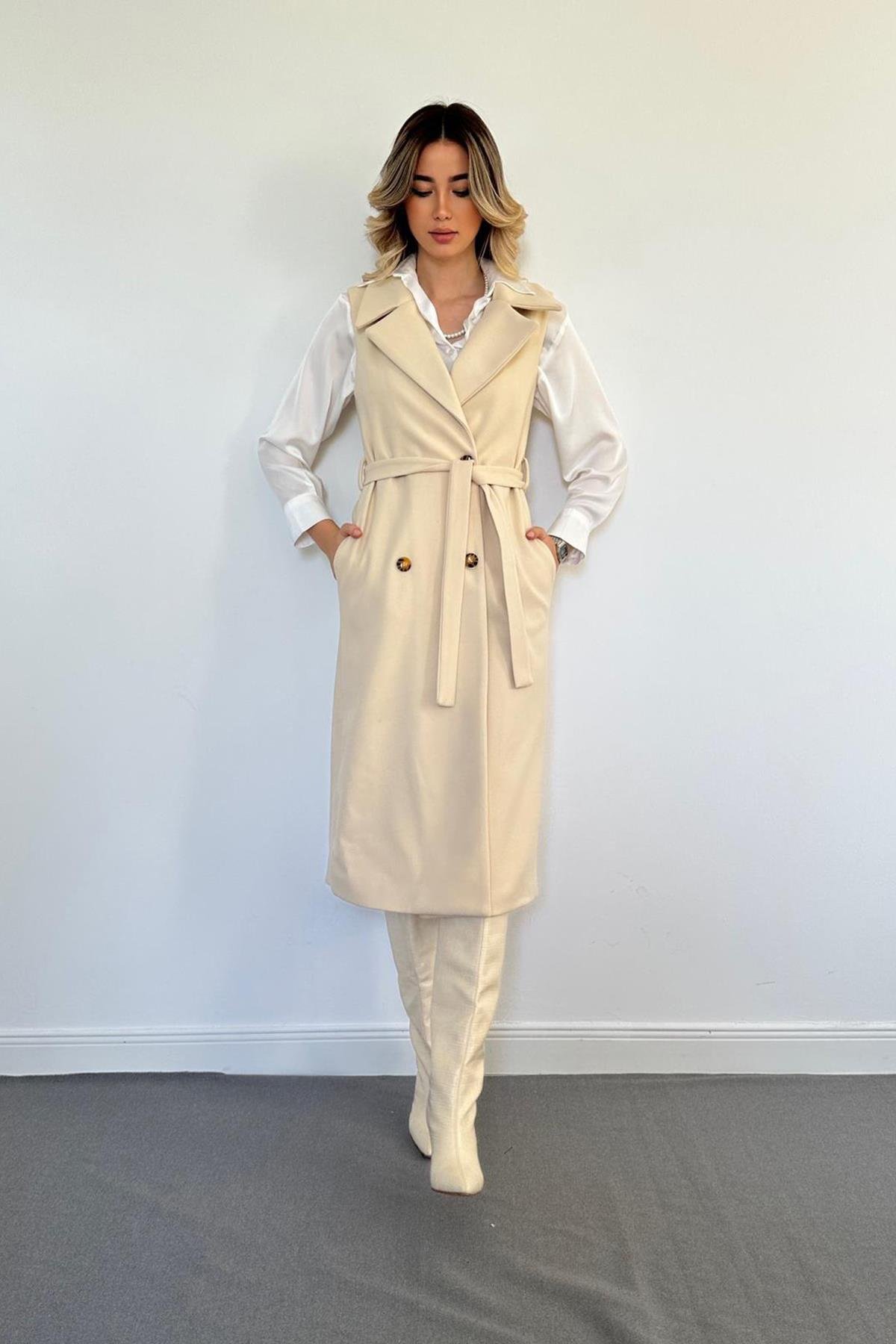 Wholesale Ecru Sleeveless Cashmere Womens Coat
