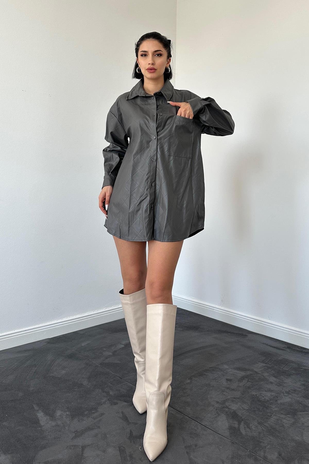 Grey Diamond Patterned Leather Shirt