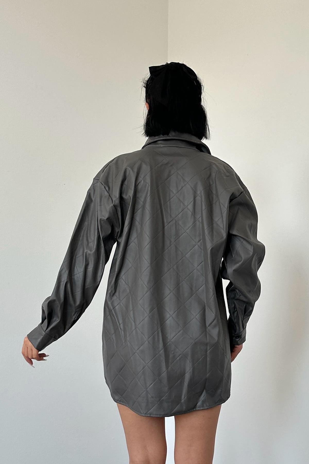 Grey Diamond Patterned Leather Shirt
