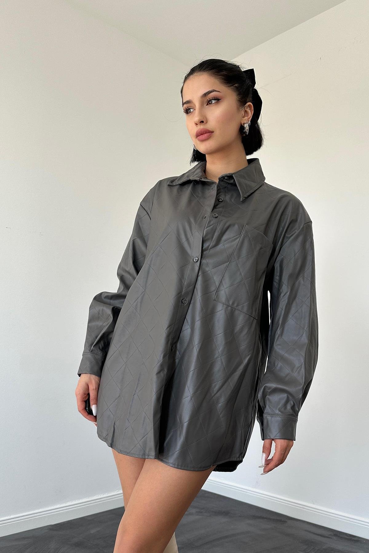 Grey Diamond Patterned Leather Shirt