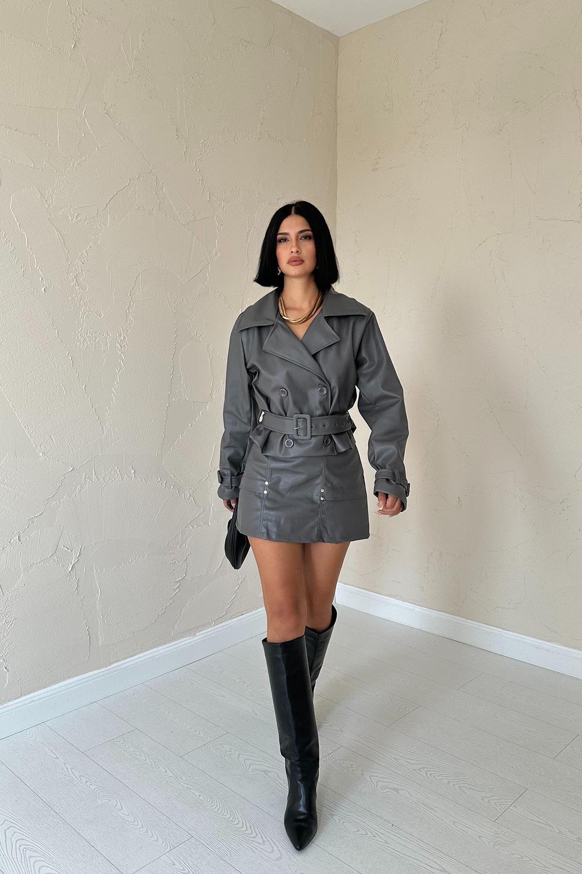 Wholesale Gray Belted Leather Jacket
