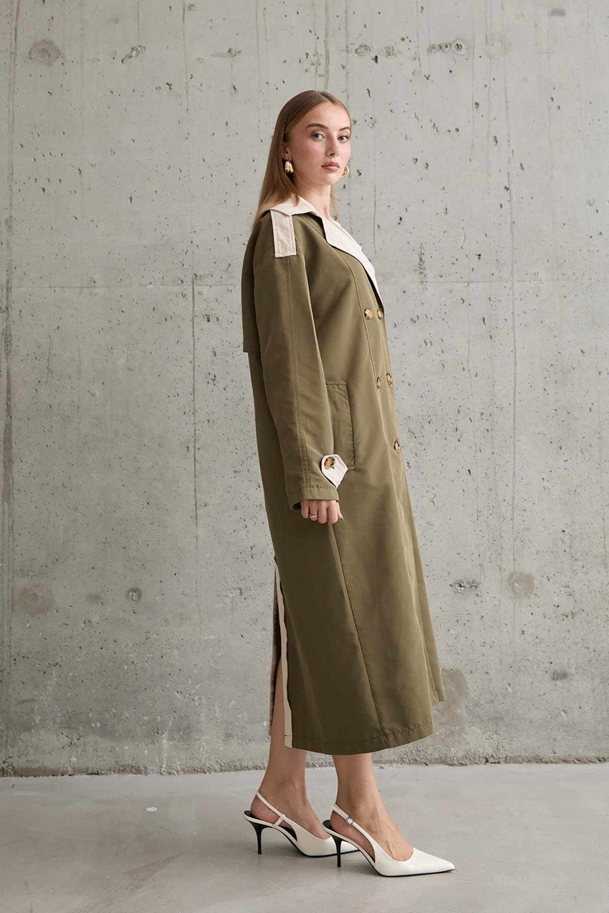 Wholesale Khaki Beige Back Striped and Belted Trench Coat