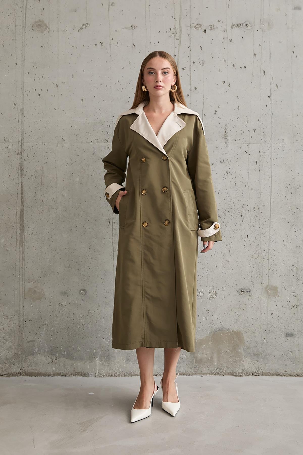 Wholesale Khaki Beige Back Striped and Belted Trench Coat