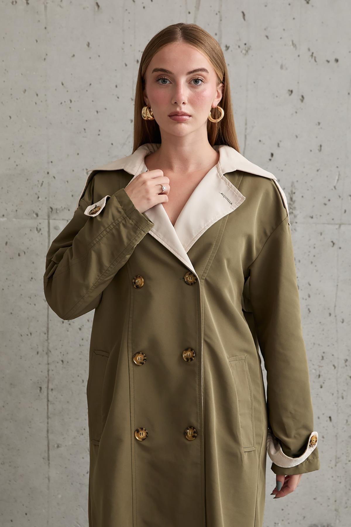 Wholesale Khaki Beige Back Striped and Belted Trench Coat