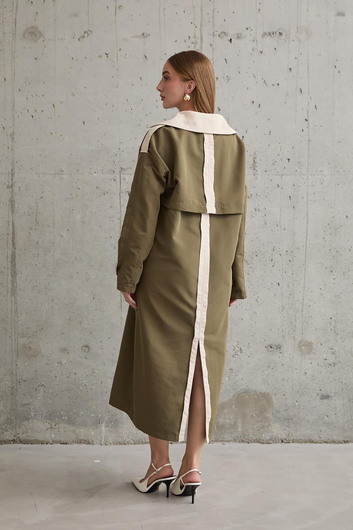 Wholesale Khaki Beige Back Striped and Belted Trench Coat