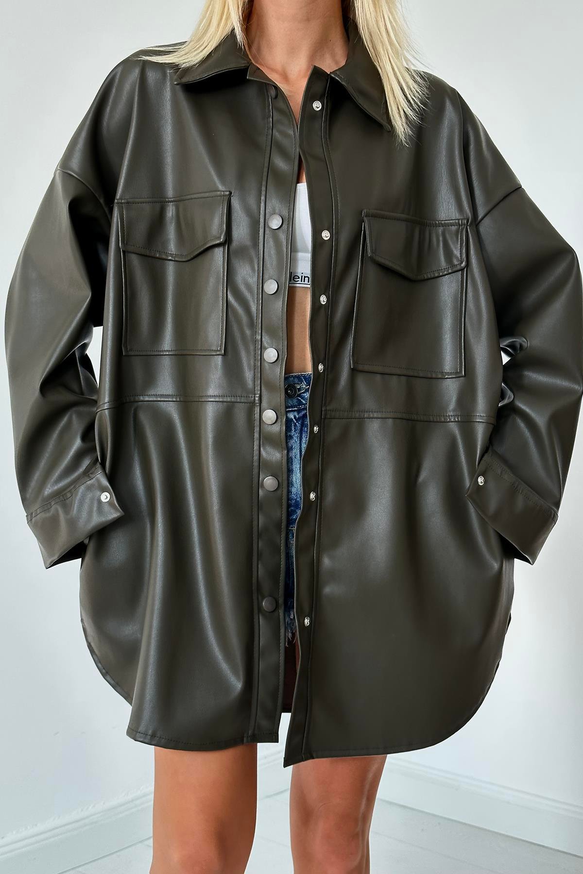 Wholesale Khaki Snap Closure Pocket Leather Jacket