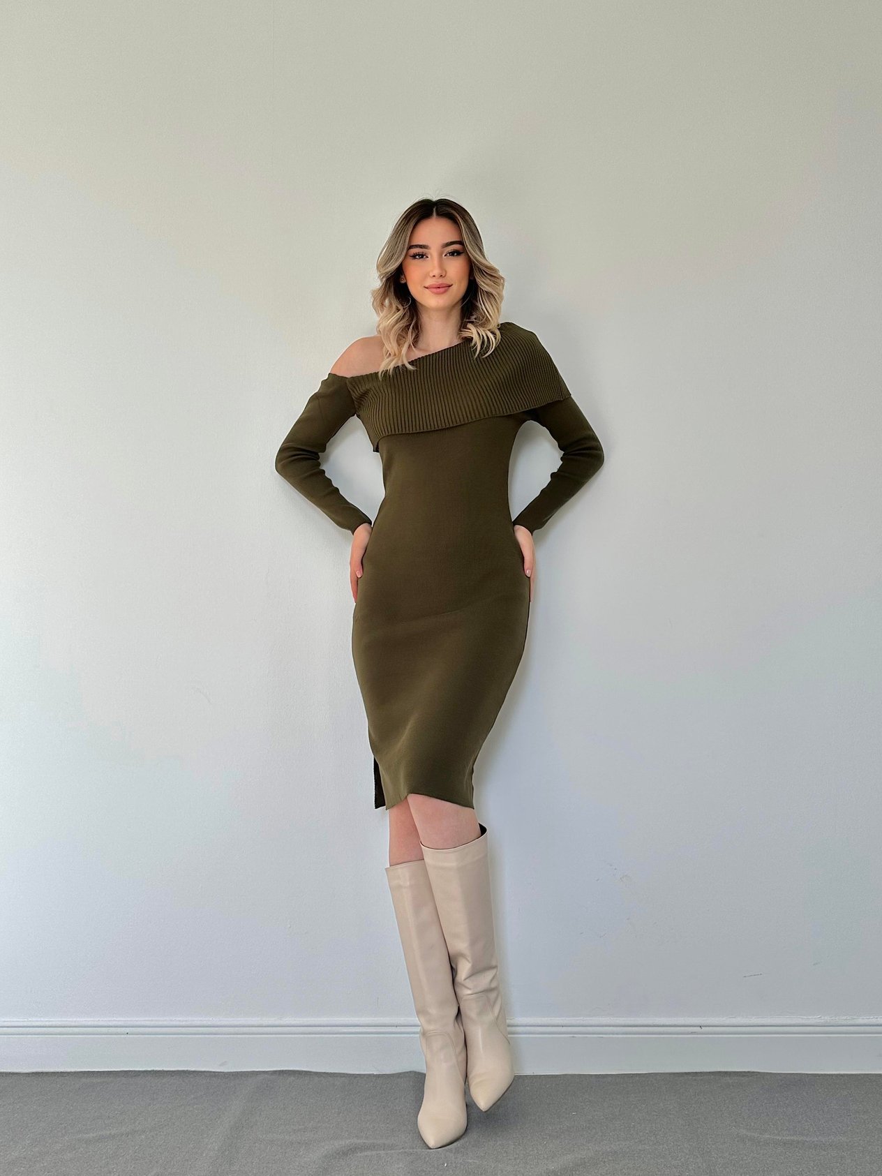Khaki Off Shoulder Mini Knit Dress