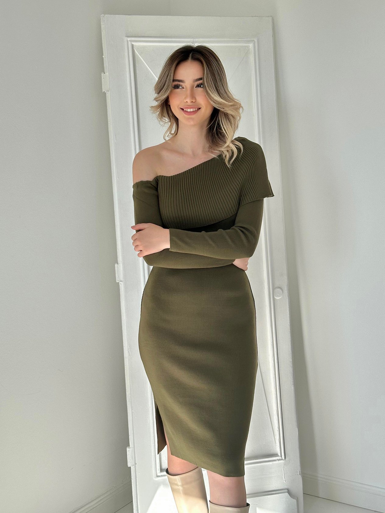 Khaki Off Shoulder Mini Knit Dress