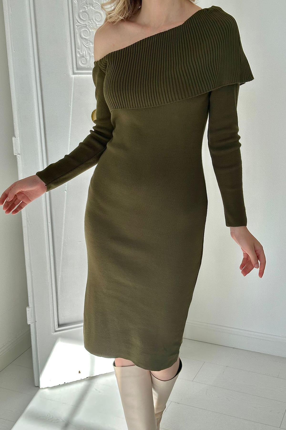 Khaki Off Shoulder Mini Knit Dress