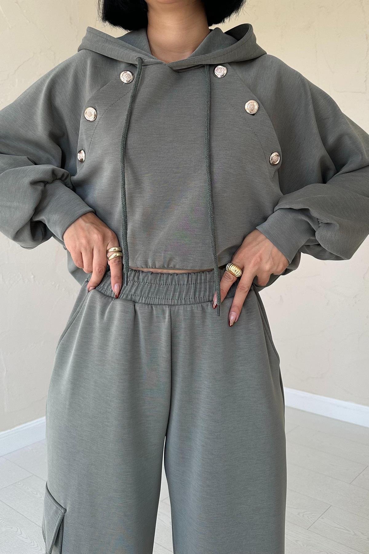 Wholesale Khaki Hooded Sweatshirt and Cargo Pants Set