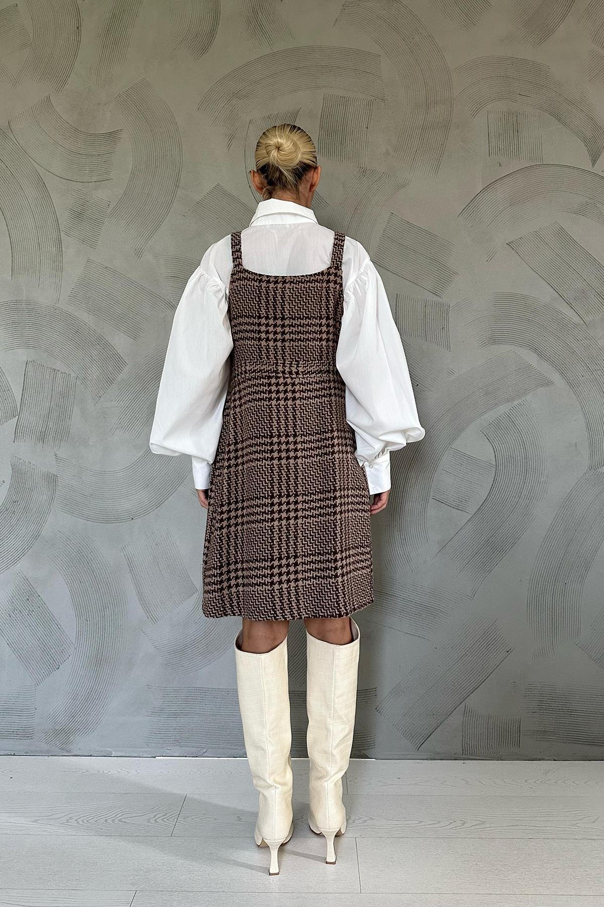 Kahverengi Kolu Büzgülü Gömlek ve Yelek Takım