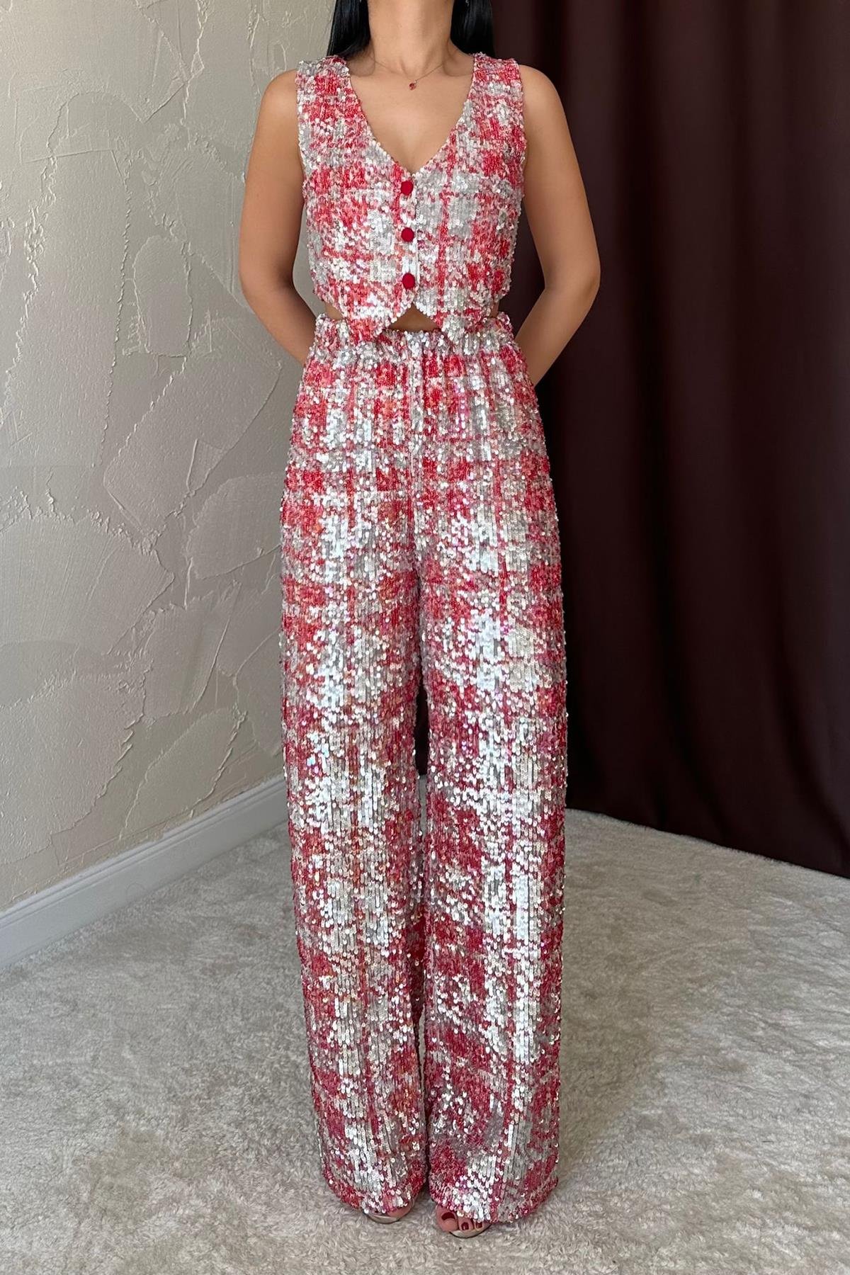 Wholesale Red Sequined Vest and Trouser Set