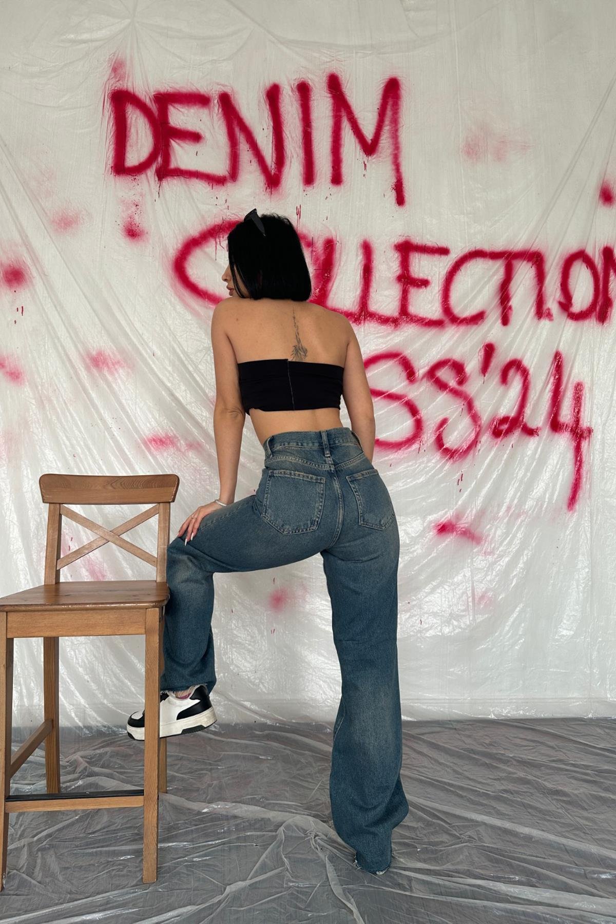 Lacivert Yüksek Bel ve Geniş Paça Jeans Pantolon