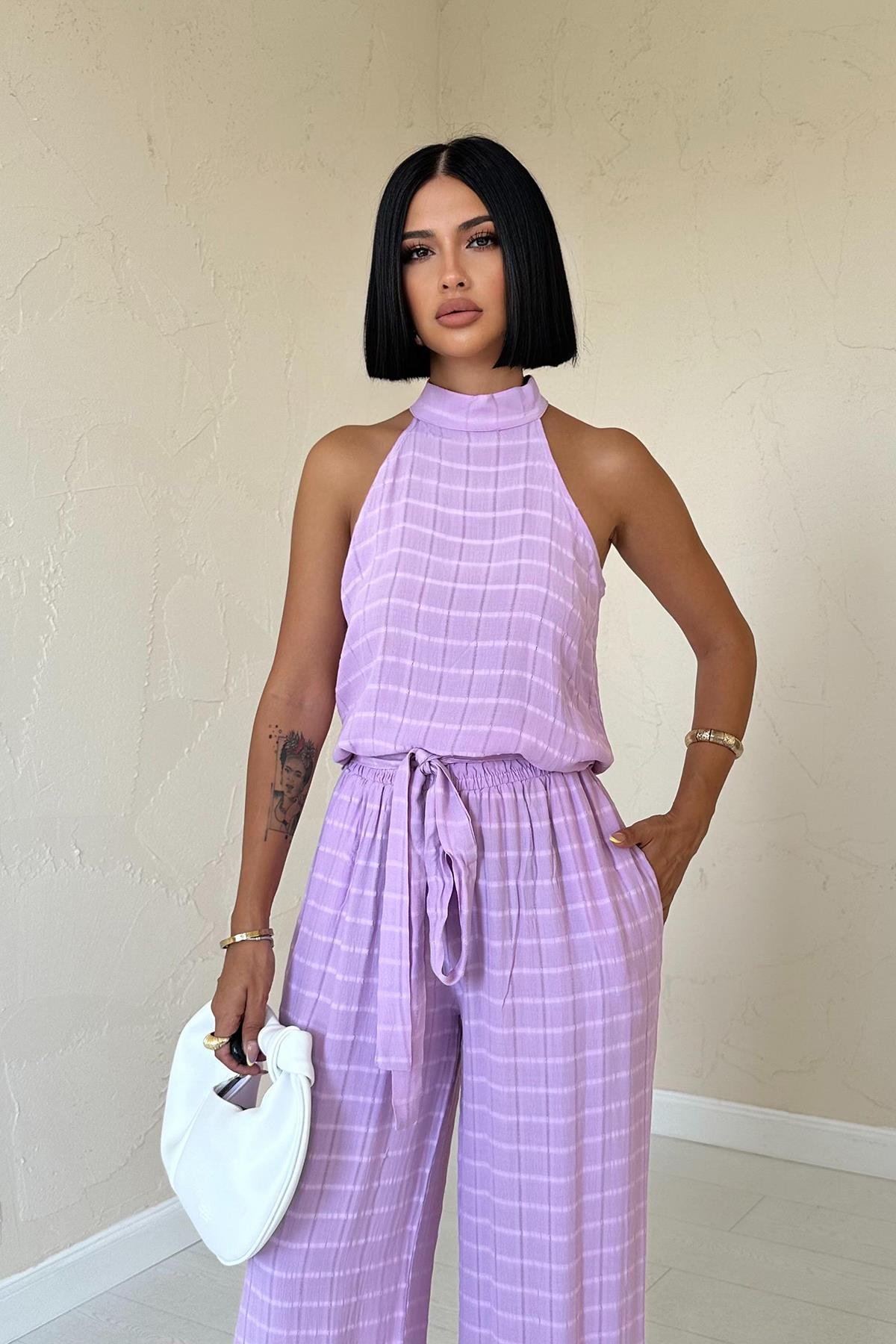 Lilac Checkered Sleeveless Blouse And Trouser Set
