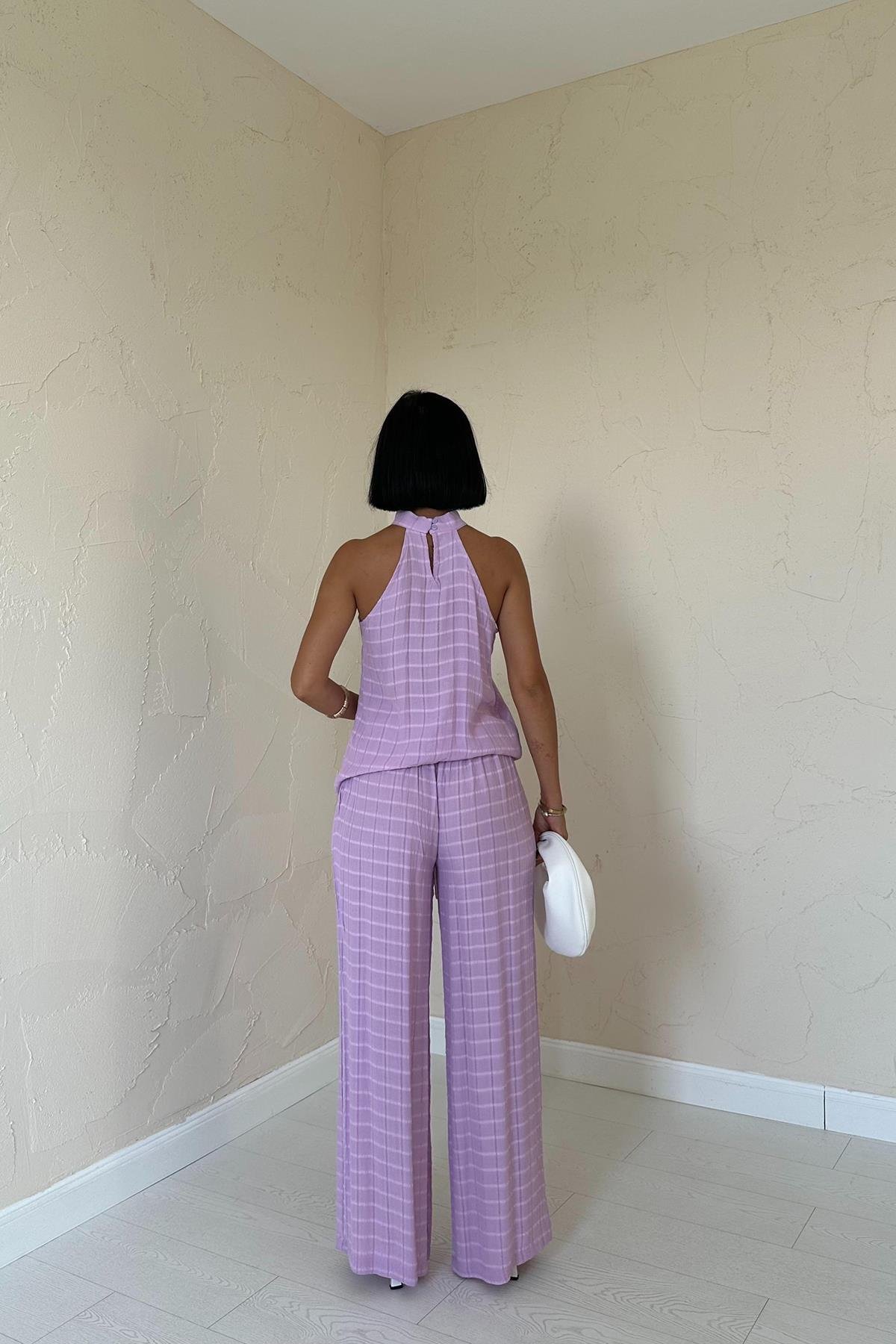 Lilac Checkered Sleeveless Blouse And Trouser Set