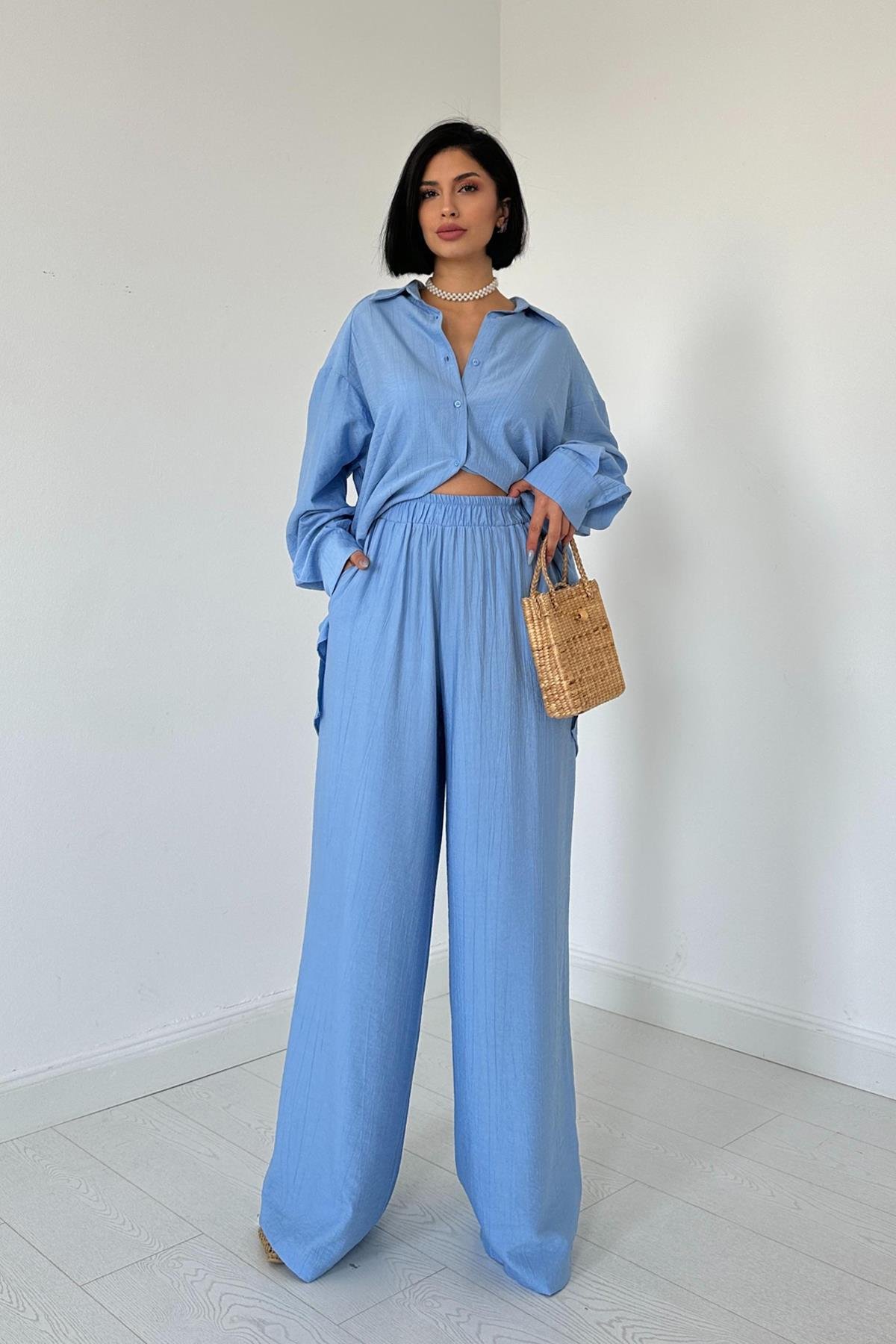 Wholesale Blue Alice Shirt and Loose Cut Trouser Set