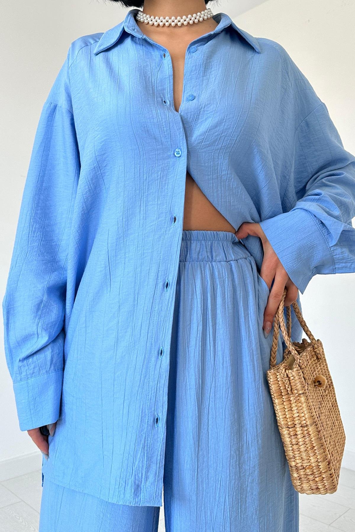 Wholesale Blue Alice Shirt and Loose Cut Trouser Set