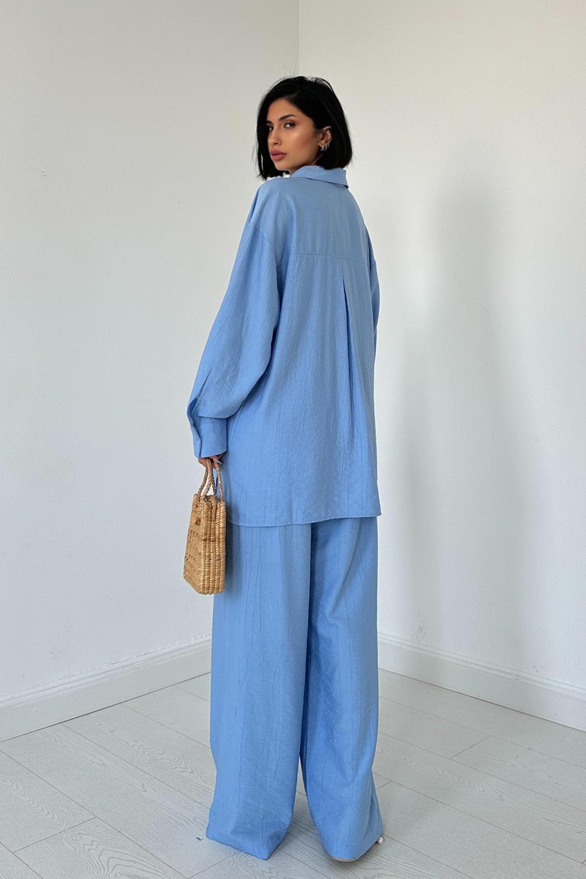 Wholesale Blue Alice Shirt and Loose Cut Trouser Set