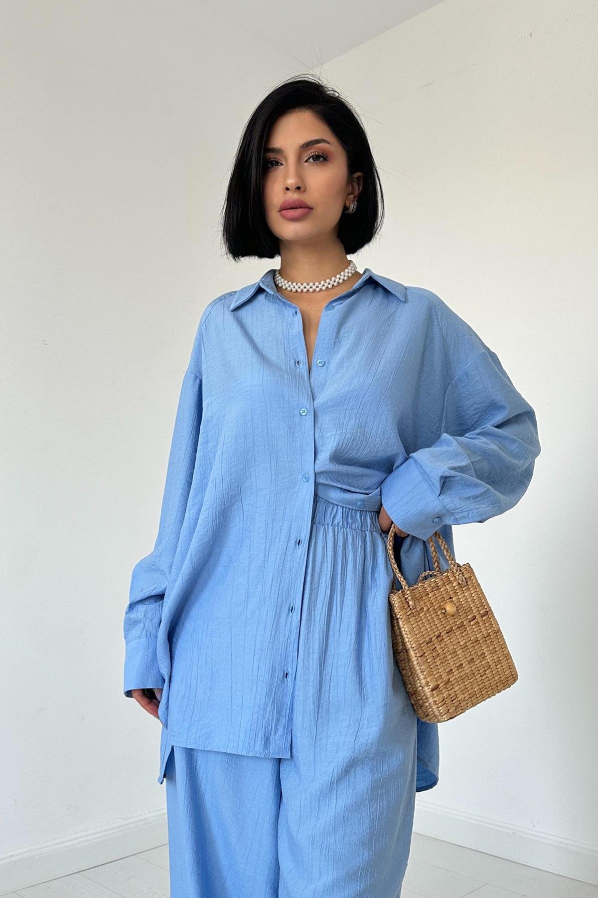 Wholesale Blue Alice Shirt and Loose Cut Trouser Set