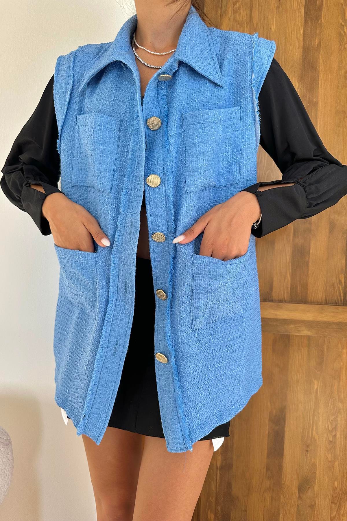 Wholesale Blue Vest with Pockets and Buttons