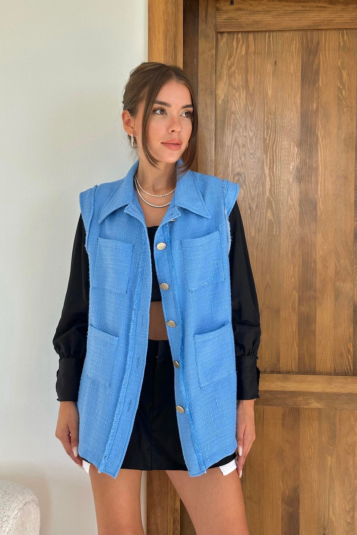 Wholesale Blue Vest with Pockets and Buttons