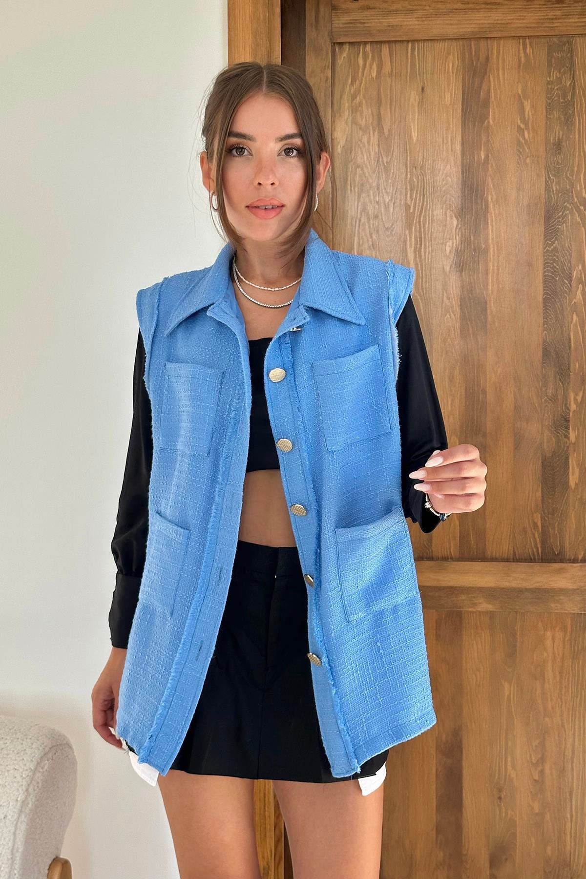 Wholesale Blue Vest with Pockets and Buttons