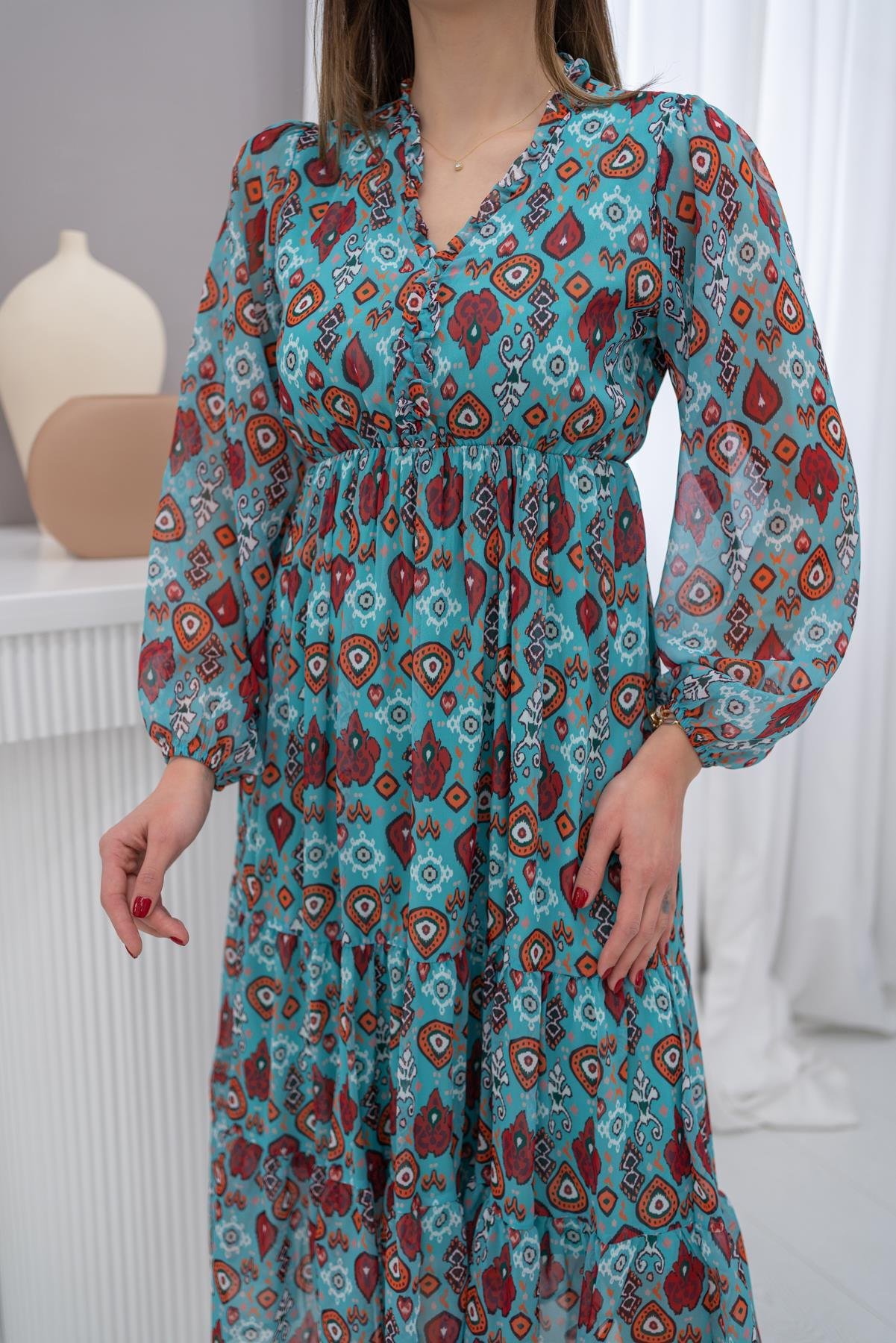 Blue Patterned Chiffon Dress