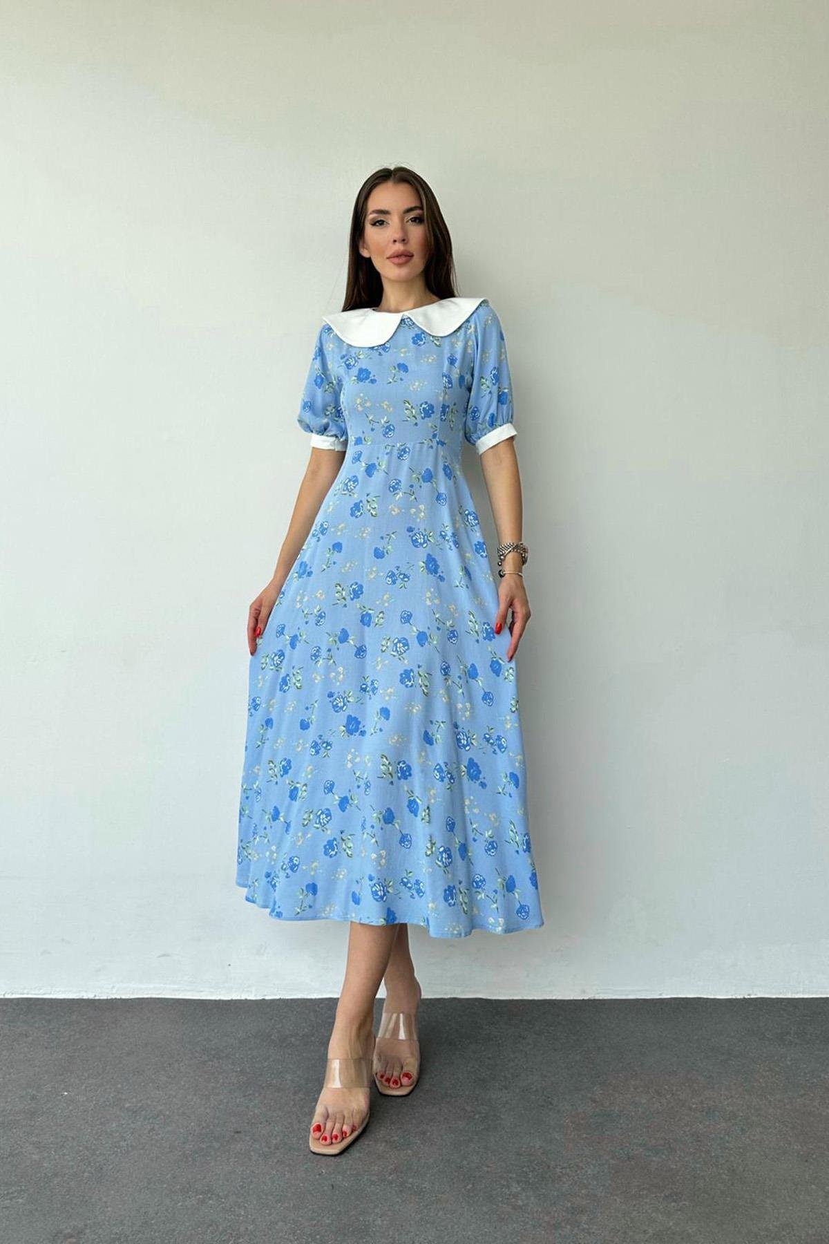 Wholesale Blue Apron Collar Floral Pattern Dress