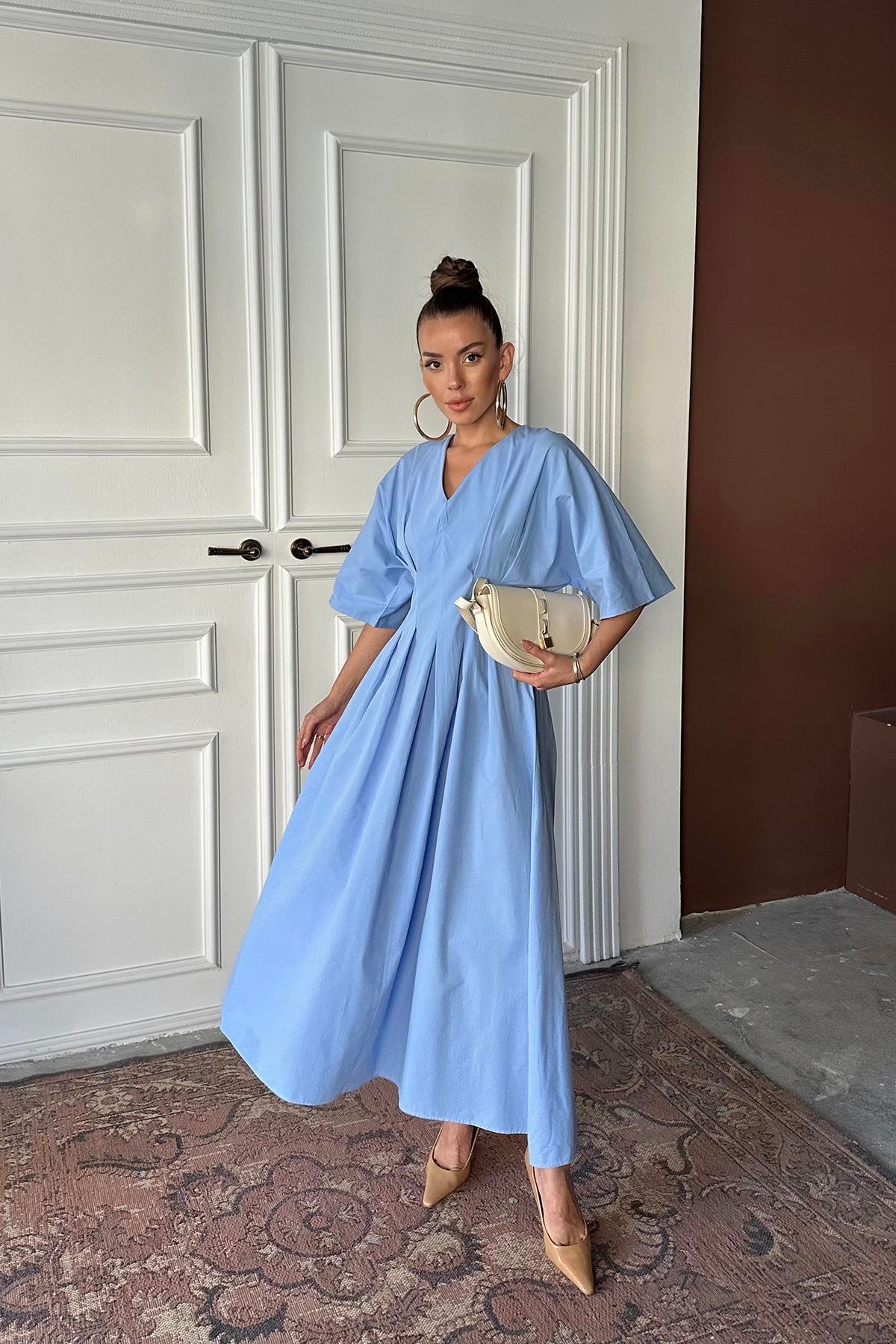 Wholesale Blue Pleated Long Dress