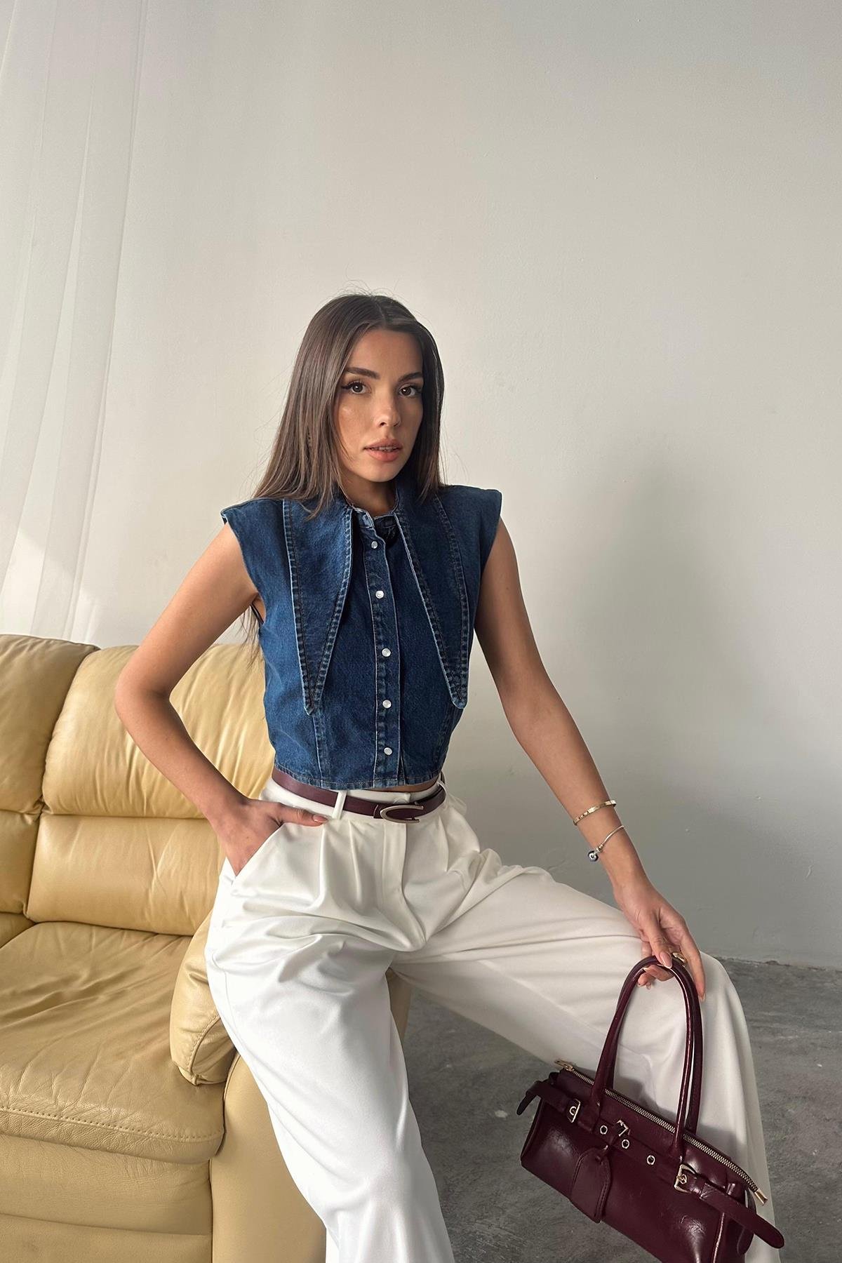 Toptan Mavi Yaka Detaylı Denim Crop