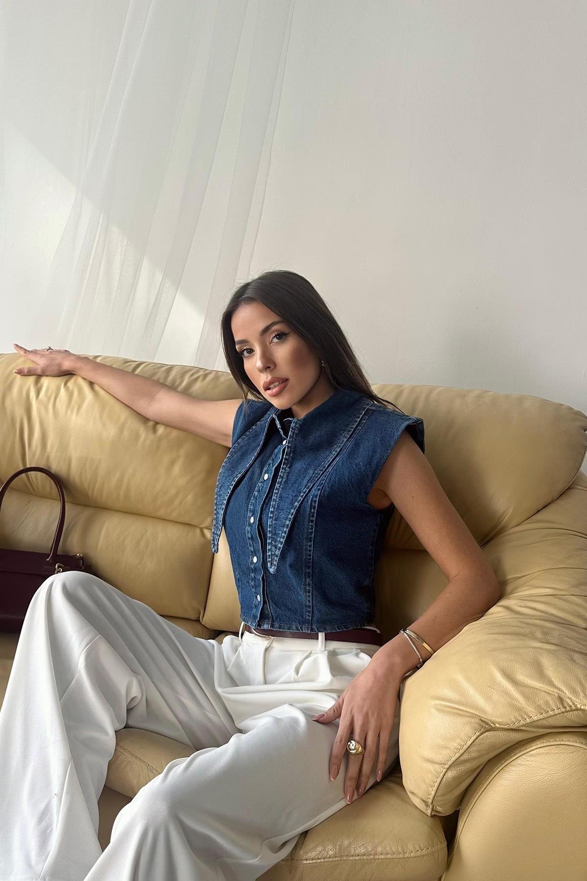 Toptan Mavi Yaka Detaylı Denim Crop