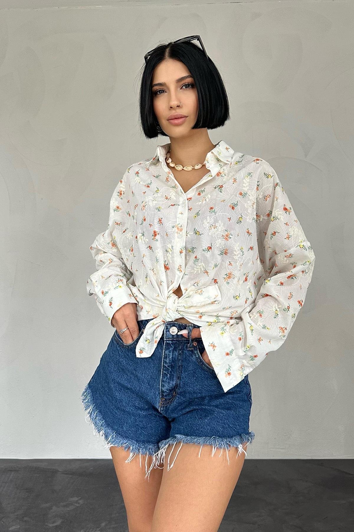 Orange Brode Flower Embroidered Classic Shirt