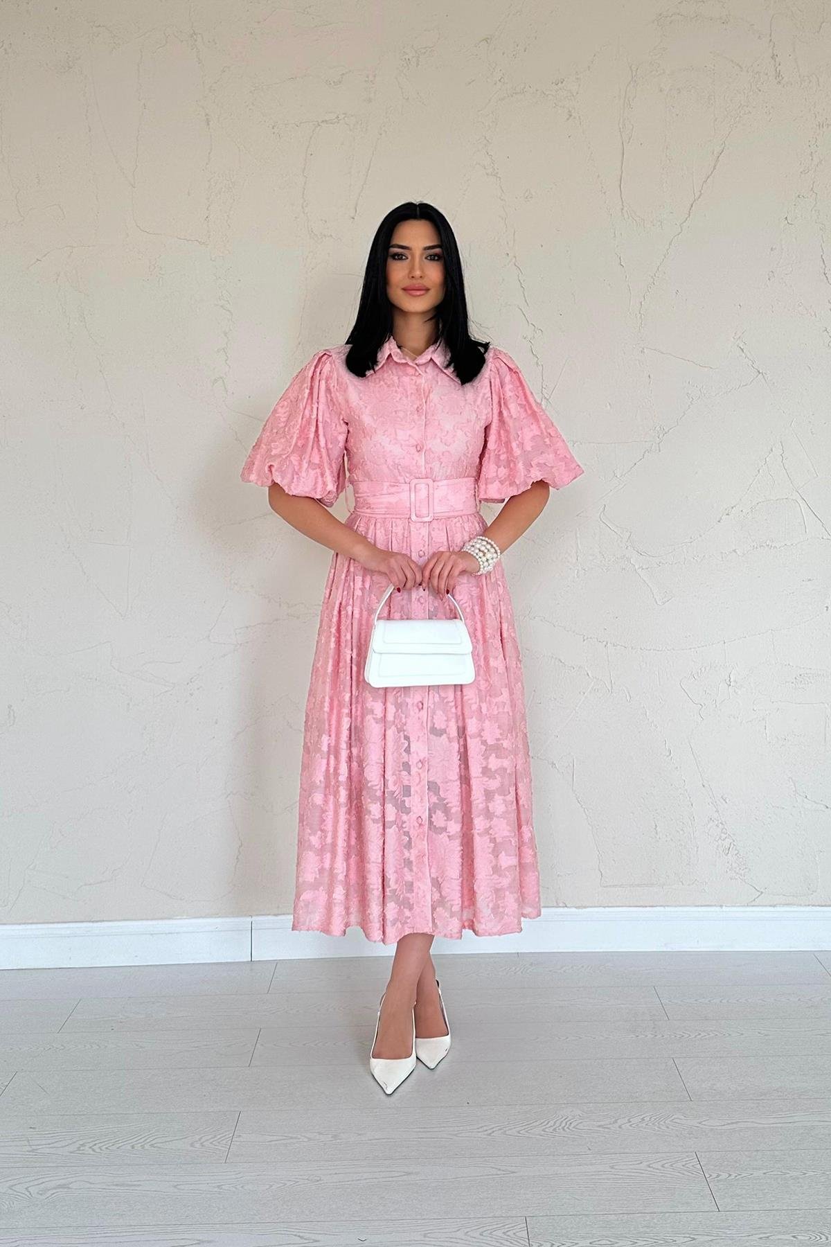 Wholesale Pink Belted Balloon Sleeve Dress